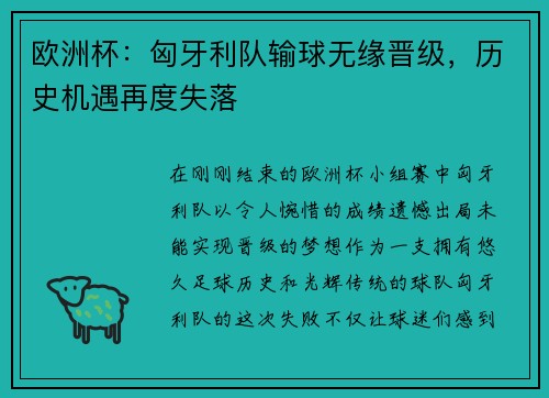 欧洲杯：匈牙利队输球无缘晋级，历史机遇再度失落